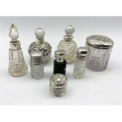 Edwardian small glass globe scent bottle with silver overlay Birmingham 1903, small green glass scent flask and various other glass dressing table jars and bottles with silver covers and collars