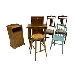 Pair Edwardian inlaid mahogany dining chairs; painted occasional table; pine bedside cabinet; stained pine bookcase; pine hanging cupboard; blue painted child's chair; four legged stool (9)