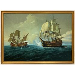 English School (20th century): Naval Battle, oil on canvas unsigned 64cm x 90cm