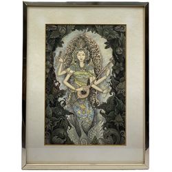 Gst Kt Ngurah (Balinese): Sawaswati the Hindu Goddess, watercolour signed 28cm x 19cm