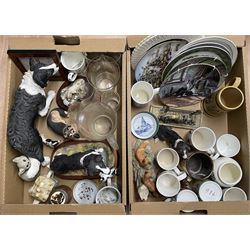 Hunting and Animal related ceramics and ornaments including a Hunting scene water set, Border Fine Arts German Shepherd, mugs, brass letter rack etc in three boxes