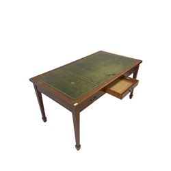 20th century mahogany writing library table, rectangular top with leather inset, fitted with three drawers, in square tapering supports with spade feet