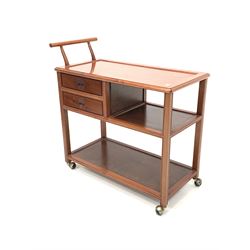 Chinese hardwood drinks trolley, three tiers and fitted with two drawers, raised on castors L95cm