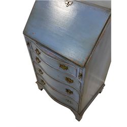 Mid-to late 20th century blue painted and waxed finish bureau, fall front over four shaped drawers, on bracket feet