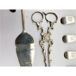 Five late Victorian silver fiddle pattern tea spoons Sheffield 1899, two early 19th century silver mustard spoons, silver scissor action sugar nips, sifting spoon and other small silver items 10.6oz