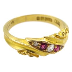 Victorian 18ct gold five stone diamond and ruby ring, marquis set with scroll design shoulders, maker's mark H&S, Birmingham 1898