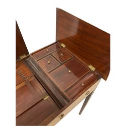 George III style mahogany and satinwood-banded dressing side table with three dummy drawers, hinged top, with mirror