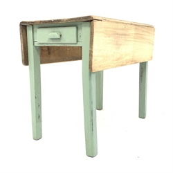 Early 20th century pine drop leaf kitchen table, with scrub top over drawer to one end, raised on painted moulded square supports, 103cm x 91cm, H77cm