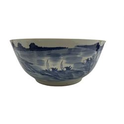 18th/ 19th century Chinese Export blue and white punch bowl, painted with a continuous river landscape with figures and flowers to the interior, D36cm 