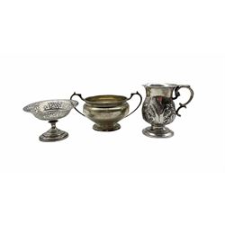 Edwardian embossed silver christening mug with scroll handle H9cm Sheffield 1901 Maker Walker and Hall,  silver two handled sugar bowl Birmingham 1931 and a small pedestal sweetmeat dish 7.3oz