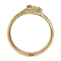 9ct gold snake ring, set with ruby eyes, stamped 375 with Birmingham assay mark