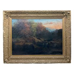 English School (19th century): Derbyshire Landscape with Waterfall at Sunset, oil on canvas in heavy gilt frame 62cm x 87cm