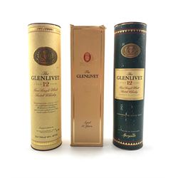 The Glenlivet '12 Years Old' Unblended all Malt Scotch Whisky, 70° proof 75.7cl and two bottles of The Glenlivet 'Aged 12 Years' Pure Single Scotch Whisky 70cl 40% vol, all in original packaging (3)