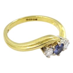 18ct gold three stone round sapphire and diamond ring, hallmarked