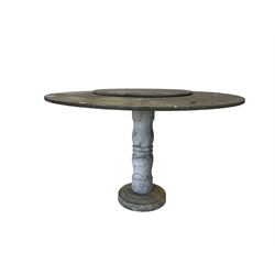 White veined marble circular garden pedestal table, and six marble pedestal stools