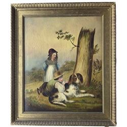 English Naive/Primitive School (19th century): Children in Clearing with Spaniel, oil on canvas unsigned housed in Watts style gilt frame 75cm x 62cm