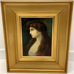 Unsigned head and shoulders oil portrait of a young lady, on board, 27cm x 20cm