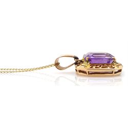 Gold cushion cut amethyst openwork pendant, on a 14ct gold fine link necklace
