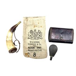 19th century polished horn powder flask with brass nozzle and copper cap moulded in relief with Eros, L24cm, Walkers Parker & Co of Newcastle Patent shot bag, Number 8., tin powder flask and a 19th century military dispatch  box (4)