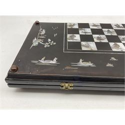Vietnamese backgammon/chessboard, inlaid with mother of pearl depicting pastoral Vietnamese scenes 