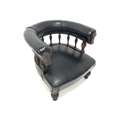  Late 19th century tub shaped library chair, leather upholstered back raised on turned spindle gallery, over upholstered seat, raised on turned oak supports, W72cm
