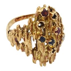 9ct gold stone set bark effect abstract ring, London 1969