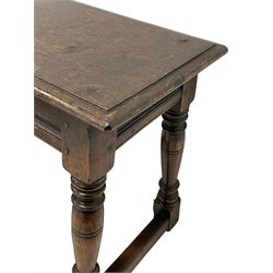 Pair of oak joint coffin stools, moulded rectangular top over moulded frieze rails, pegged turned supports united by stretchers