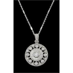 Silver Art Deco style cubic zirconia openwork circle pendant, stamped 925 