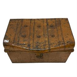 19th century scumbled pine night commode (W59cm, H70cm, D45cm); a Victorian mahogany tea table (W106cm, H74cm, D52cm); and an early 20th century metal trunk (W69cm, H41cm, D43) (3)