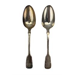 Pair of William IV silver fiddle pattern table spoons engraved with initials London 1835 Maker G R Collis & Co