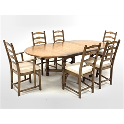 Ercol golden dawn elm extending dining table with fold out leaf (H74cm, 107cm x 162cm - 212cm), and set six (4+2) dining chairs