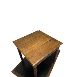 19th century ecclesiastical pine table with oak top, and an oak table with drawer