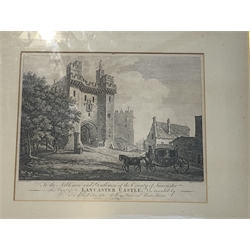 Watts after Hearne, 18th Century engraving Lancaster Castle, 21cm x 26cm and a pair of engravings after Farington of Lancaster 