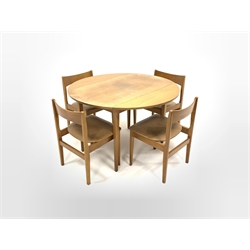 Mid 20th century teak veneered and beech circular drop leaf dining table, (D113cm, H73cm) together with a set of four mid 20th century beech dining chairs with vinyl upholstered seats (W49cm)