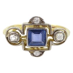 Art Deco 18ct gold princess cut sapphire and milgrain set diamond cluster ring, stamped 18ct