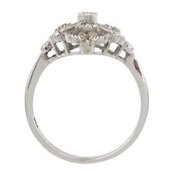 9ct white gold milgrain set diamond and aquamarine filigree ring, hallmarked