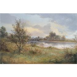 English School (20th century): Riverside landscape, oil on canvas signed with monogram 'mm' 50cm x 75cm