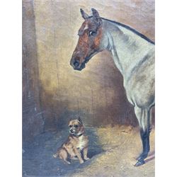 English Naïve School (early 20th century): A Gentleman's Hunter Roan Horse in Stable with Terrier, oil on canvas unsigned 44cm x 58cm