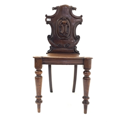 Victorian mahogany shield back hall chair, with shaped seat, raised on turned front supports, W46cm