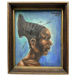 Follower of Irma Stern (South African 1894-1966): Portrait of a Zulu Woman, oil on canvas, bears signature and inscribed 'Congo 1954', 34cm x 27cm