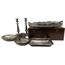 19th century mahogany box and contents of cutlery, plated oval tray, plated candlesticks and other plated items