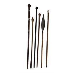 African short spear with bound wooden handle L80cm, Lignum Vitae knobkerrie L89cm, two tribal sticks and two others (6)