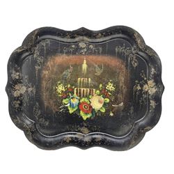 Victorian papier mache tray of serpentine outline painted with flowers and birds 78cm x 59cm