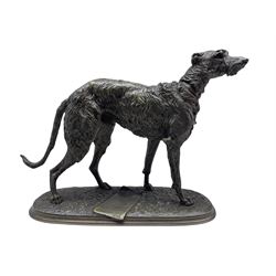 Arthur Waagen (German 1833-1898): Bronze of the Irish Wolfhound 'Gelert', the base set with a scroll giving the dimensions of the animal and prizes won in the 1860s, with signature L30cm x H23cm  Provenance: 3rd Earl of Feversham