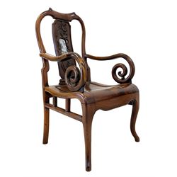 Chinese hardwood open armchair, the shaped cresting rail over shaped splat carved with foliate and birds and inset with white and black veined marble panel, scrolling arm terminals and curved panelled seats, the supports joined by a series of vertical stretchers