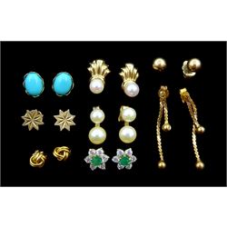 Eight pairs of 9ct gold stone and 9ct gold stone set stud earrings, including turquoise and pearl, stamped or tested