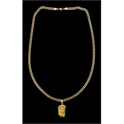 Gold Jesus portrait pendant, on a 9ct gold flattened curb link chain necklace, import Birmingham 1970