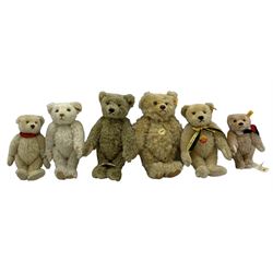 Steiff musical bear with original ribbon H28cm, Steiff Classic bear with growler, another with 100 years tag, three other Steiff bears and a Steiff Club silver brooch (7)