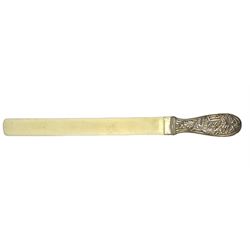 Victorian ivory letter opener, the silver handle chased with foliage L40cm London 1893 Makers mark RB.  Provenance: 2nd Earl of Feversham
