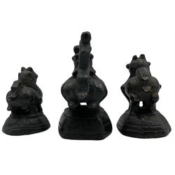 Three Burmese bronze opium weights in the form of Hintha birds, largest H9cm